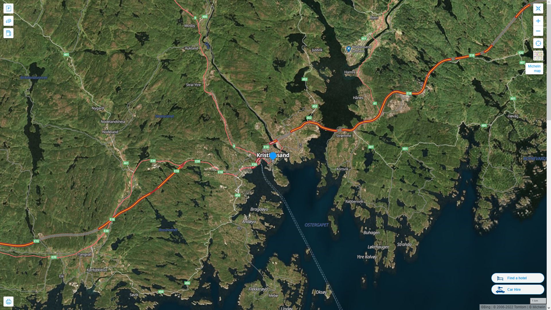 Kristiansand Norvege Autoroute et carte routiere avec vue satellite